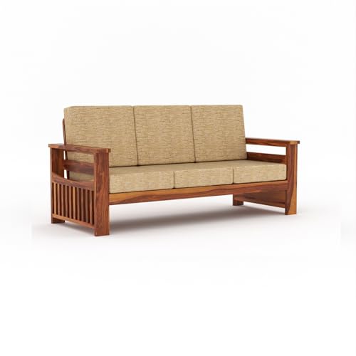 Image of KINGS HOME FURNITURE Sheesham Wooden 6 Seater Sofa for Living Room | Rosewood 6 Seater Cushion Sofa Side Half Moon Rack | Solid Wood Sofa Set for Lounge (-3+2+1,Honey)