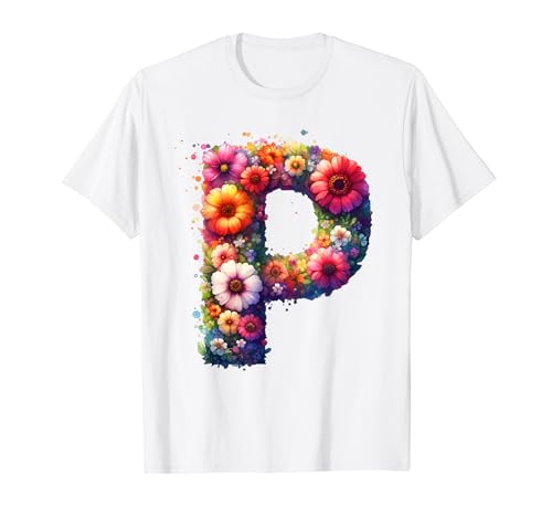 Monograma Iniciales Floral Letra P Alfabeto Monograma Camiseta