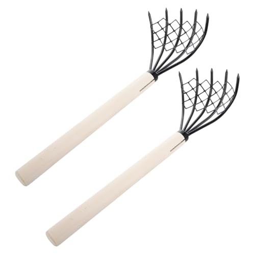 Abaodam 2個 加長木製ハンドレーキ 爪鋭利クロー形状で潮干狩りに 貝殻掘り用耐久性シェル掘削ツール 軽量滑り止めグリップ付き
