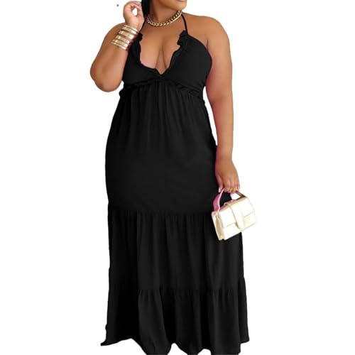 Image of TOPSRANI Womens Sleeveless Maxi Dress Halter Casual Backless Smocked Tiered Ruffle Flowy Sexy Slip Sling Strap Dresses