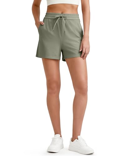 G4Free Athletic Shorts for Women Running Shorts High Waisted Drawstring Workout Short with Pockets Lyocell Gym Active Sports Sweat Short(Gray Olive, XXL)