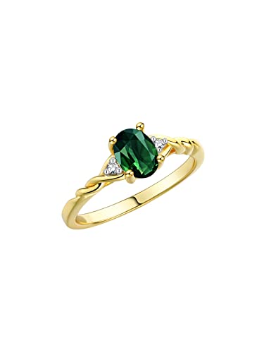 14K Yellow Gold Classic Style Ring | 7X5MM Oval Gemstone & Diamonds | Green-sapphire September Birthstone | Diamond Rings for Women | Size 93