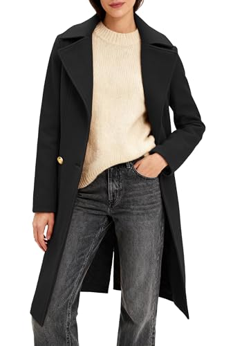 OTU Vibe Womens Long Notch Lapel Coat Double-Breasted Peacoat Casual Classic Fall Winter Overcoat