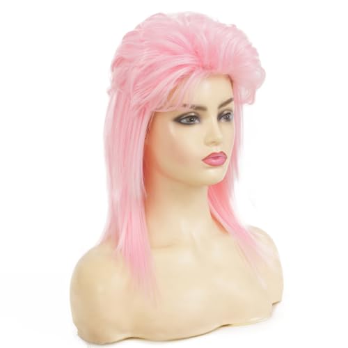 Image of Swiking Pink Mullet Wigs for Women 70s 80s Rocker Shoulder Length Hair Shaggy Layered Fluffy Wig Cosplay Halloween Costume Replacement Wigs(Pink