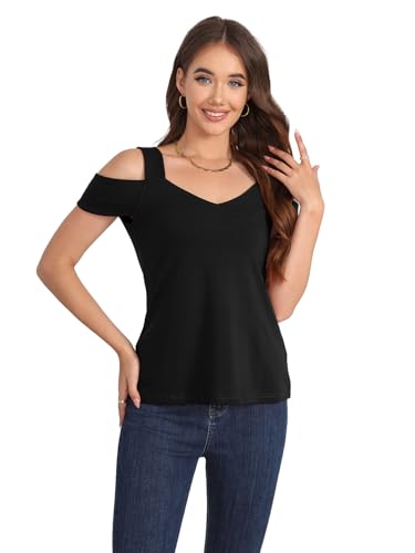 Summer Tops Womens Tunic Top Short Sleeve Cold Shoulder V Neck Loose Fit Basic Tee Casual Tops T Shirts Blouse2