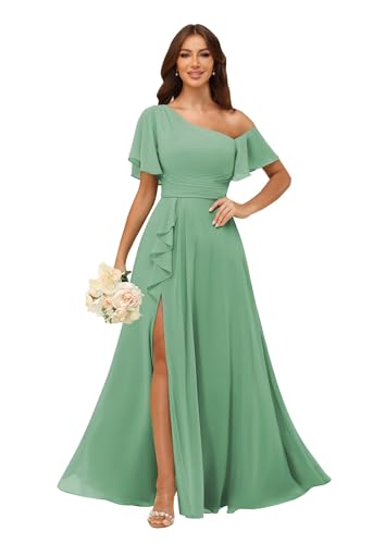 Image of One Shoulder Bridesmaid Dresses for Women with Pockets Short Sleeve Ruffled Chiffon Formal Evening Gowns
