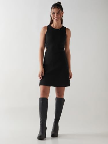 Image of Bewakoof Women's Above Knee Solid Slim Fit Sleeveless Round Neck Cotton Blend Bodycon Dress