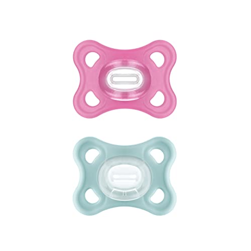 MAM Comfort Schnuller im 2er-Set, besonders kleiner und leichter Baby Schnuller für Neugeborene & Babys aus 100% Silikon, mit weichem MAM SkinSoft Saugteil & Schnullerbox, 3-12 Monate, pink