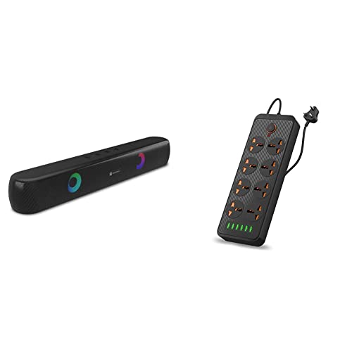 Image of Portronics Decibel 21 10W Wireless Bluetooth Soundbar with LED Lights & Power Plate 7 with 6 USB Port + 8 Power Sockets Smart Electric Universal Extension Board Multi Plug with 2500W, 3Mtr Cord Length