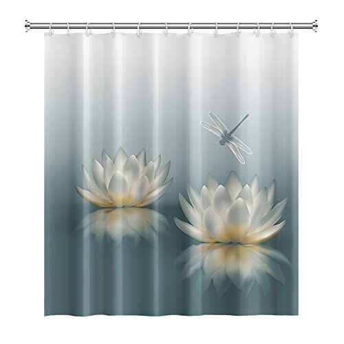 SDOTPMT 105 x 160 cm Lotus Fleur Rideau de douche en forme de libellule Zen SPA Rideau de douche élégant et spirituel pour salle de bain avec crochets
