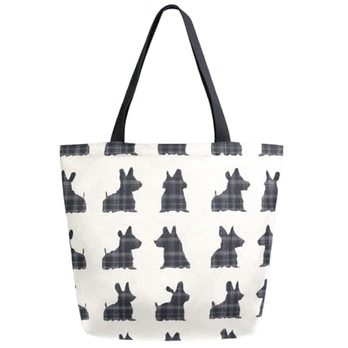 Black Plaid Scottish Terrier Dogs Extra Large Canvas Gym Shoulder Tote,Durable Reusable Daily Top Handle Bag for Mens Womens Yoga Weekender Picnic Beach Travel Market Shopping
