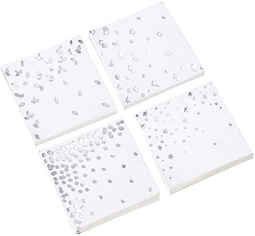 100 PK Silver Napkins - 4 Assorted Designs - 3-Ply Cocktail Napkins Folded 5 x 5 Inches Bar Napkins Disposable Party Napkins Paper Napkins Beverage for Wedding Bridal Baby Shower Birthday