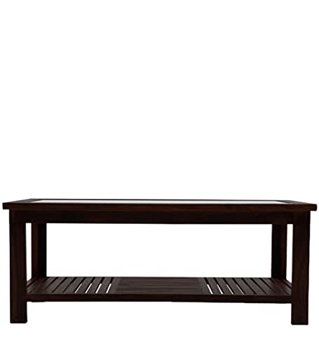 Image of Solid Sheesham Wood Modern Rectangular Coffee Table with Glass Top for Living Room with Bottom Storage Shelf /Glass Center Table for Sofa (Walnut)