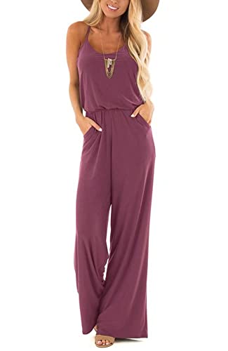 Lacozy Women's Summer Jumpsuits Casual Sleeveless Jumpsuit Drawstring Elasitic Waist Romper Pajama Purple Red Large #TOP12