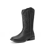 DREAM PAIRS Women's Cowboy Cowgirl Boots Embroidered Square Toe Mid Calf Western Boots Fashion Dress Chunky Low Heel Shoes for Theme Party Country Concert,Size 9.5,All Black,DWUMMB2516