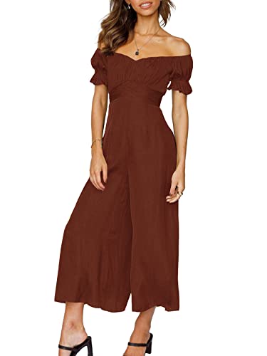 Lyaner Women's Off Shoulder Tie Back Ruffle Short Sleeve Romper Wide Leg Long Jumpsuit Brown Large #TOP4