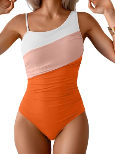 Image of Aidonger One Shoulder One Piece Swimsuit for Women Tummy Control Bathing Suits Color Block Ruched Swim Suit Slimming Swimwear