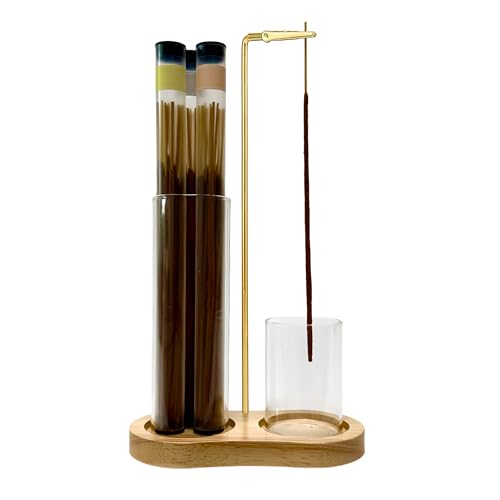 Moocervi Incense Holder, Nature Wood Incense Sticks Burner Holder with Storage,Hang Upside Down Incense Holder for Sticks with Glass Ash Catcher for Meditation Yoga Spa Room Decor（Wood）