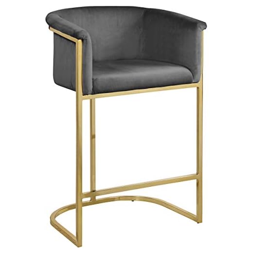 Meridian Furniture Donatella Collection Modern | Contemporary Velvet Upholstered Counter Height Stool with Durable Steel Base in Gold Finish, Grey, 23.5" W x 20" D x 36" H