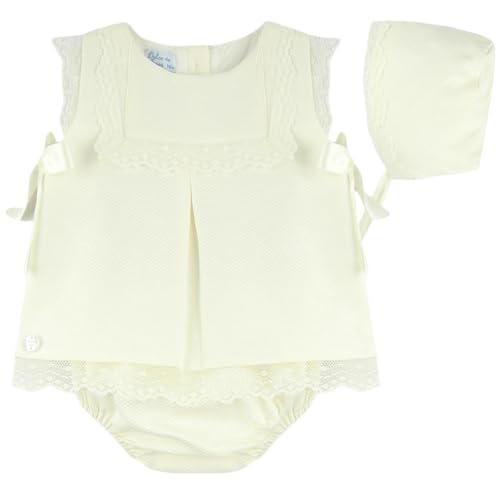 Dulce de Fresa Baby Lace Short Clothing Set with Bonnet, Sleeveless Cotton Romper with Side Bows, Ivory White (Beige, 3M)