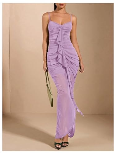 Image of Floerns Women's Ruffle Ruched Cami Dress Draped Split Elegant Bodycon Maxi Dresses