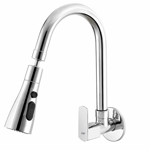 Image of ZAP Rotatable Brass Kitchen Sink Tap | 10X Flexible Neck Faucet with 3 Spray Modes (Shower, Stream & Foam) | Anti-Splash Wall Mounted Kitchen Tap | Chrome Finish Faucet for Kitchen Sink & Utility Area