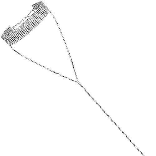 ETHOON Rhinestones Choker Necklace Sexy Silver Y Crystal Chokers for Women Multi Layers Wide Collar Necklace Adjustable