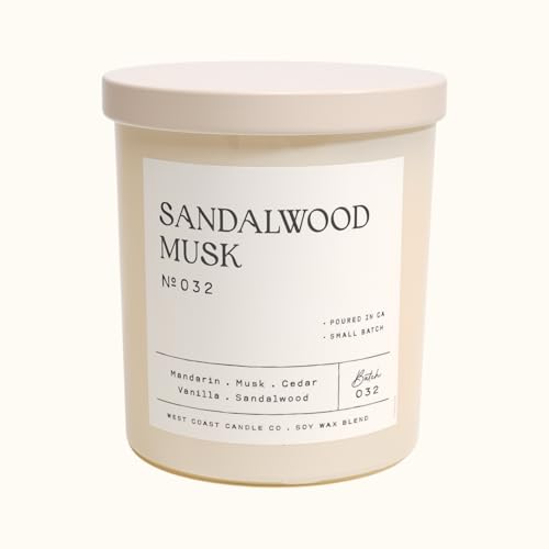 LEOBEN CO Sandalwood Musk Scented Candle 9oz Signature Collection Design 50 hr Burn time Poured in California Using Vegan Soy Wax and Essential Oils Made in Small Batches
