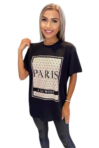 Image of T-Shirts for Women Short Sleeve Round Neck Oversized Slogan Printed Tshirt Long Casual Summer Baggy Fashion Ladies Tees Plus Size Tshirts Tops Paris La A Mode-Black-XL