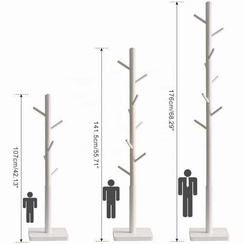 Miniatura 8 de Ymyny Perchero De Pie En Forma De Árbol, Soporte Para Abrigos De Madera Maciza, Con 8 Ganchos Con 3 Tamaños Ajustables Para Sombreros, Bolsas, Para Entrada, Pasillo, 29 X 29 X 176cm Blanco Hcr002w