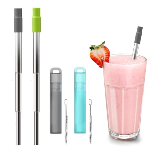 Otimos 2 Pack of Collapsible Metal Reusable Straws for Travel, Stainless Steel Drinking Straws with Case and Cleaning Brush - Say Goodbye to Plastic Straws and Waste.