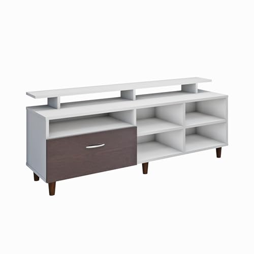 Image of VIKI Modern TV Unit for Living Room | Engineered Wood TV Cabinet with 1 Drawer Storage, 2 Open Shelves & Extension, Entertainment Unit, 140W x 48H x 40D cm | DIY | 1 Year Warranty (White & Wenge)