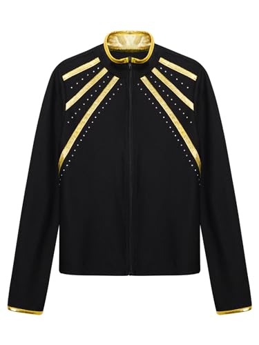 Kaerm Kids Girls Long Sleeve Figure Skating Gymnastics Jacket Shiny Rhinestones Metallic Striped Zipper Sweatshirt Coat4