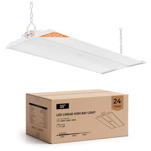 Comiled 24-Pack 3FT 300W Linear High Bay Shop Lights, 45000lm, 6000K/5000K/4000K Switchable, 0-10V dimmable, 100-277V, Adjustable Tilt Hanging Light Fixture for Warehouse, Garage, Supermarket, ETL