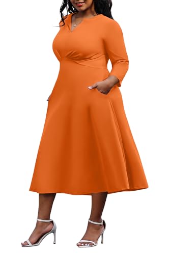 Image of Nmoder Women's Plus Size Stretchy Flared Wrap Dress Casual Wedding Guest Midi Dresses V Neck 3 /4 Sleeve A-Line Swing Dress