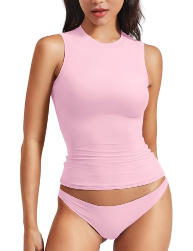 Image of YEOREO Women Basic Mock Neck Workout Crop Top Sleeveless Double Lined Tank Tee Slim Fitted Ruched Going Out Camisole