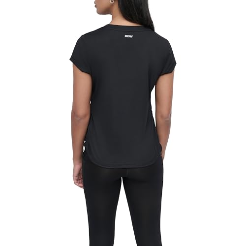 Image of DKNY Women's Short Sleeve V-Neck Tech Ruched Side Seam Active T-Shirt
