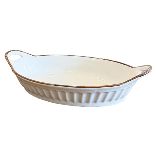 Dxcaicc Lasagne Dish Japanese White Lattice High-Grade Fruit Plate Home Oval Plate Super Large Fish Plate Double-Handled Literary Kiln Baking Tray Quantity Optional,1 Piece