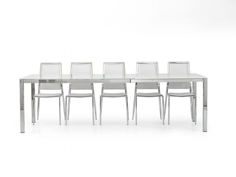 MAR.C.A DESIGN – Mesa extensible para comedor, cocina o salón, moderna encimera de cristal, estructura de metal cromado pulido, 2 alargadores 50 cm cerrado, 160 x 90 cm, abierta 260 x 90 cm,
