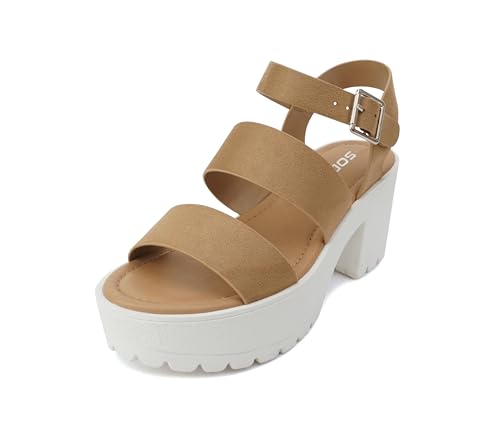Image of Soda ACCOUNT ~ Women Open Toe Two Bands Lug sole Fashion Block Heel Sandals with Adjustable Ankle Strap