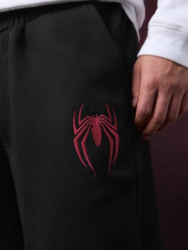 Image of The Souled Store Spider-Man: Wallcrawler Men and Boys Elastic Waistband Black Embroidered Cotton Blend Oversized Fit Lightweight Fleece Korean Joggers
