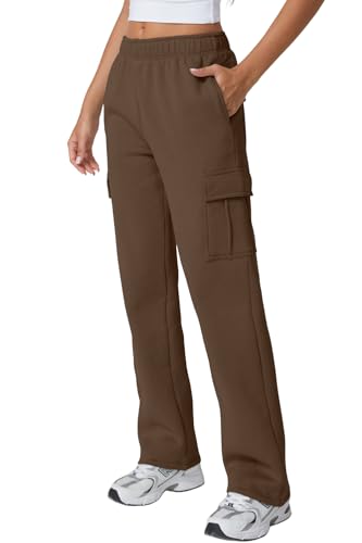 Image of QINSEN Baggy Medium Waist Elastic Sweatpants for Womens Casual Long Fleece Cargo Pants with Pockets