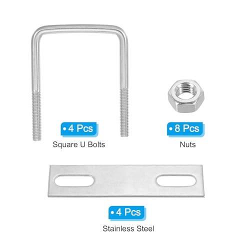Image of PATIKIL M8x60x80mm Square U-Bolts Kit, 4Set 304 Stainless Steel Square U Shaped Bolts Replacement Parts with Frame Plates and Nuts for Ski Board Sailboat Trailer