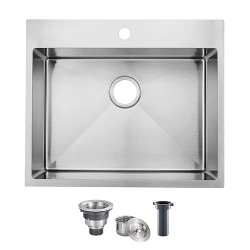 Image of 25 Inch Drop In Kitchen Sink, 25x22 Inch Topmount Stainless Steel Single Bowl Bar RV Laundry Utility Outdoor Wet Prep Small Sink with Drain