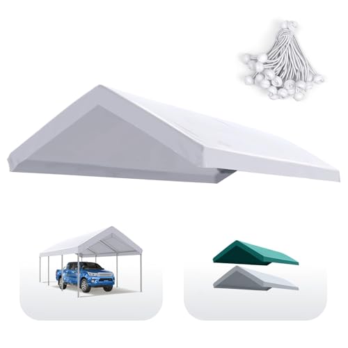 Quictent Carport Replacement Tarp Canopy Top Cover with Edge with Bungees Balls, for 10x20 ft Garage Party Tent Shelter - White, One Roof Only