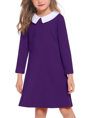 Image of Arshiner Girls Long Sleeve Vintage Peter Pan Collar T-Shirt Dress Age 4-13 Years