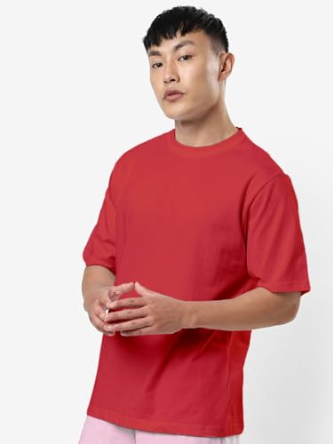 Image of crazymonk Oversized Baggy Fit Drop Shoulder Half Sleeves Round Neck Solid Pure Cotton T-Shirt for Men