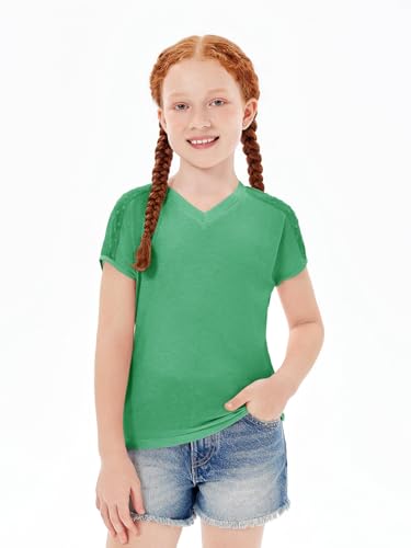 Image of Haloumoning Girls V Neck T-Shirts Kids Summer Swiss Dot Short Sleeve Tops Cute Fashion Tees 5-14 Years