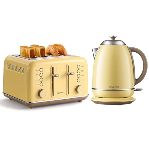 BUYDEEM DT640 4-Slice Toaster Silver with K640N Electric Kettle 1.7L Mellow Yellow