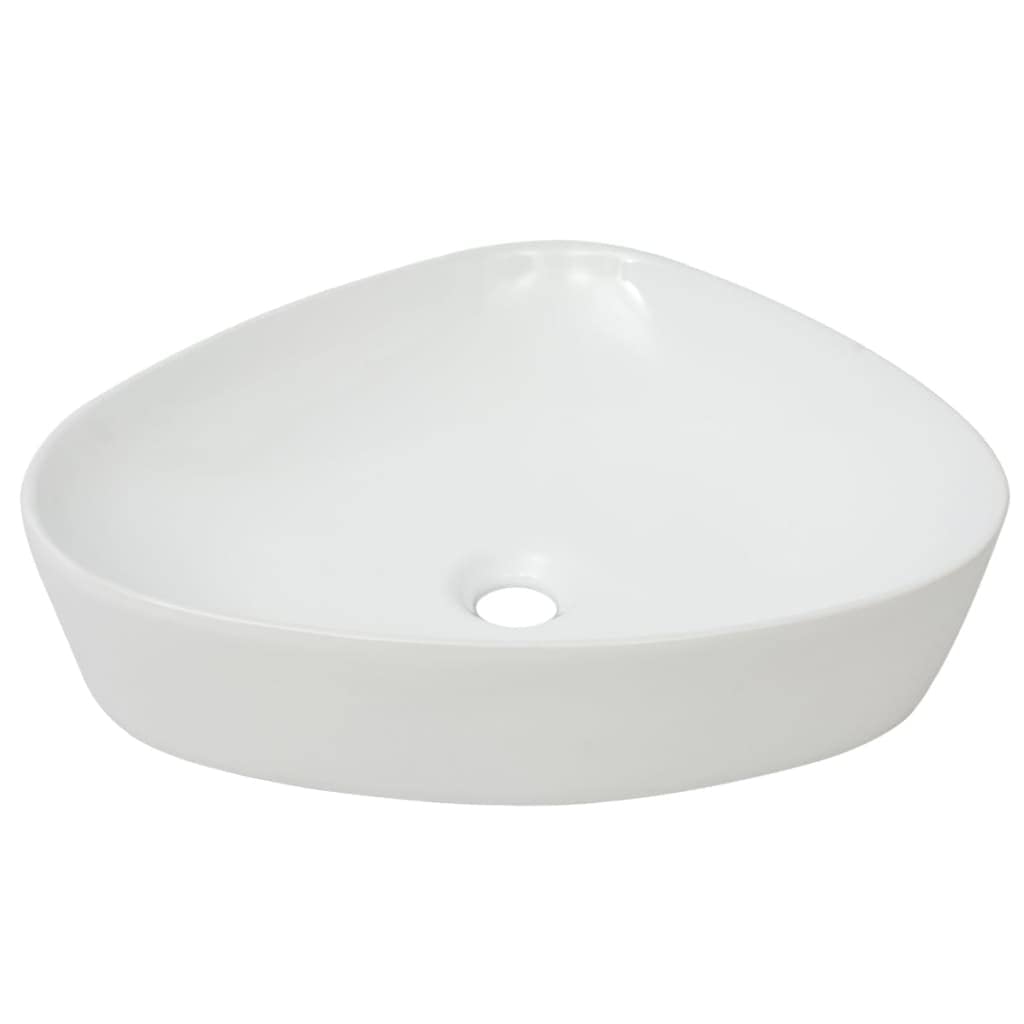 Lavabo de invitados sin grifo con diseño triangular en cerámica blanca anti-salpicaduras